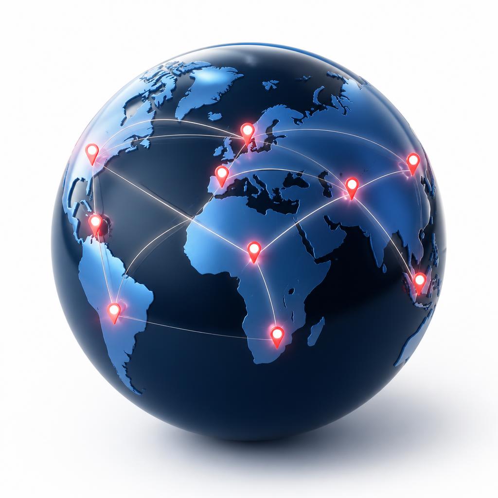 3D navy globe with red location pins representing international opportunities