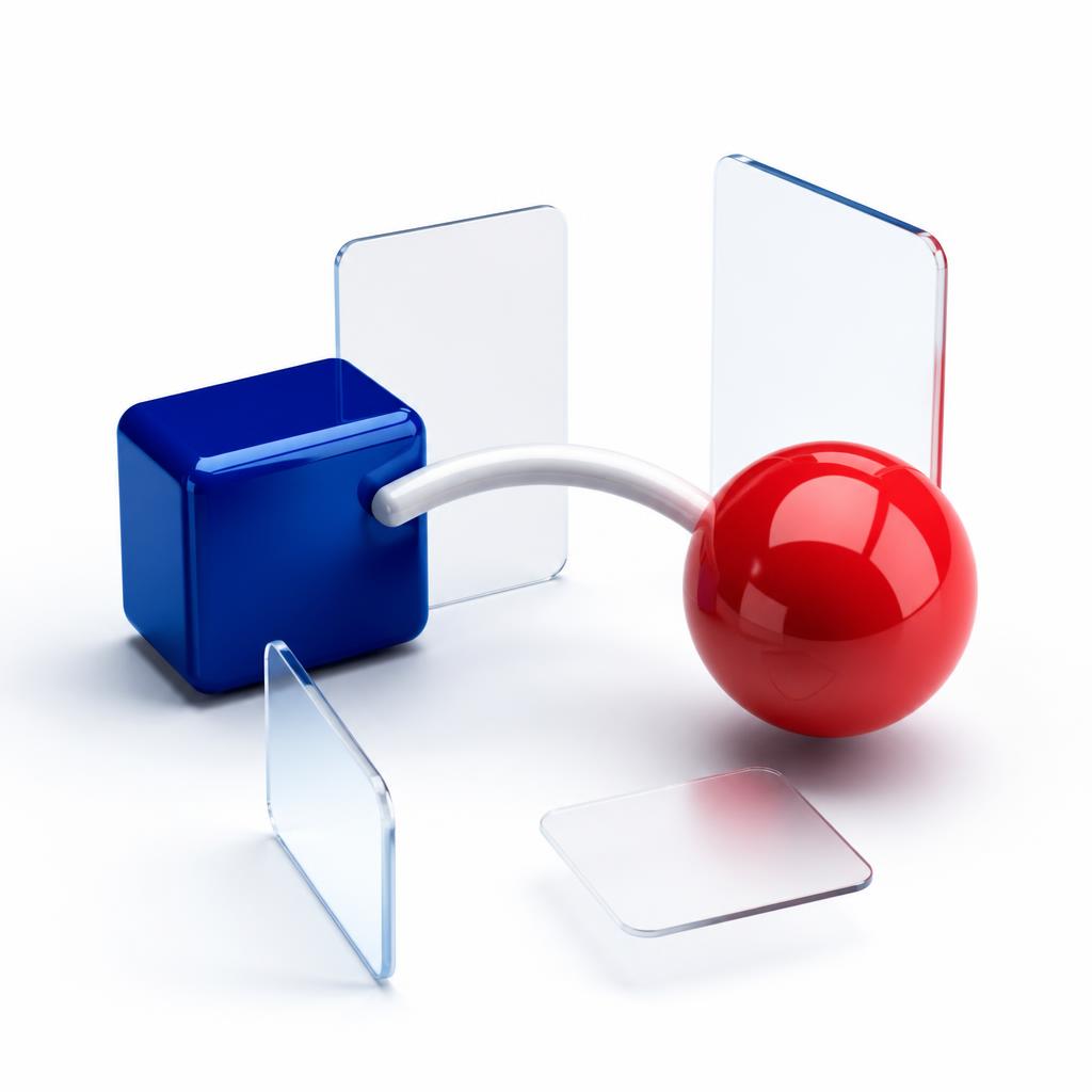 3D abstract shapes connected by an arc representing employers meeting candidates