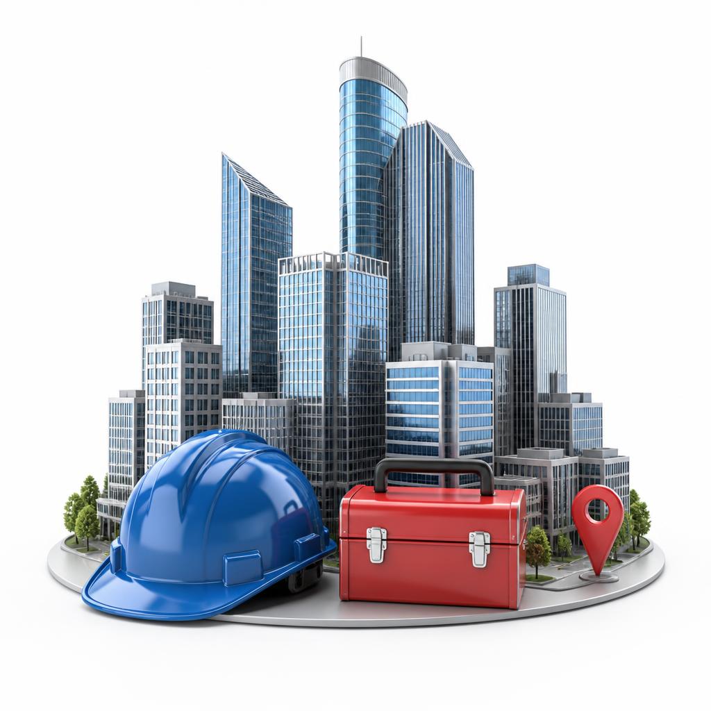 3D city skyline with a blue hard hat, red toolbox and location pin
